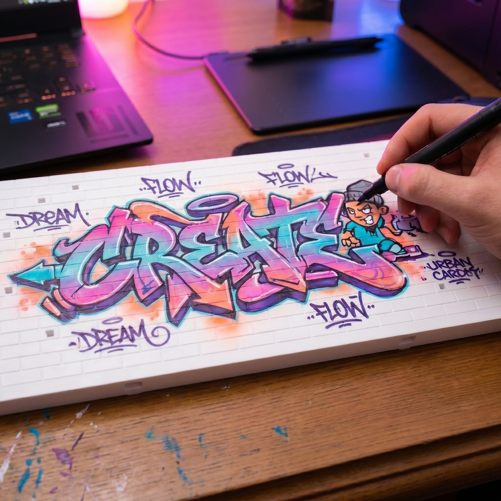 An artist drawing colourful graffiti on a Legal Fame wall
